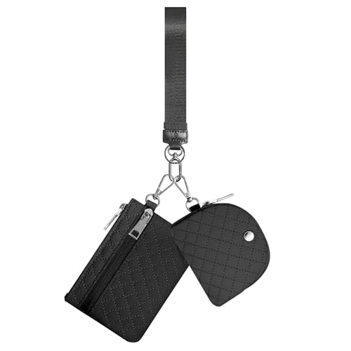 Keychain Wristlet Wallet for Women Zippered Dual Pouch Wristlet Nylon Coin Purse Small Wallet with Key Ring - color: Quilted-black