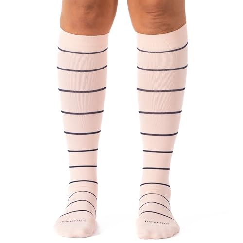 Comrad Breathable Knee High Compression Socks with Targeted Arch Support - color: Rose/Navy Stripe, size: Medium