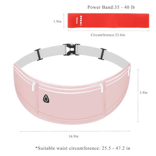 Running Belt with Resistance Band Bundle - Slim Water-Resistant Phone Holder for Women & Men, No-Bounce Adjustable Waist Pack Fits iPhone 15 Pro Max, Glute Activation Loop for Yoga & Fitness - color: Pink