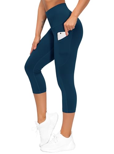 THE GYM PEOPLE Women's Thick High Waist Capris Yoga Pants Workout Leggings - color: Dark Blue Green, size: Medium