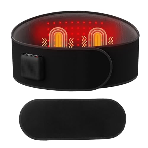Lower Back Massager Belt with Four Modes Heating & Massage & Red Light, Ergonomic Support Massage Belt with Timer, Portable Cordless Heating Pad for Back Relieve Pain, Battery-Powered