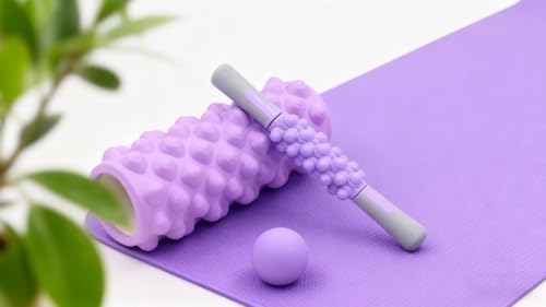 4 in 1 Foam Roller Set, Trigger Point Foam Roller with Massage Stick & Massage Ball, Deep Tissue Muscle Massage Tool for Pilates Yoga Fitness Full Body Relaxation - color: Purple