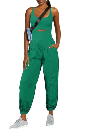ReachMe Womens Running Onesie Athletic Romper Pants Hiking Outfits One Piece Workout Jumpsuits with Pockets - color: Green, size: Medium