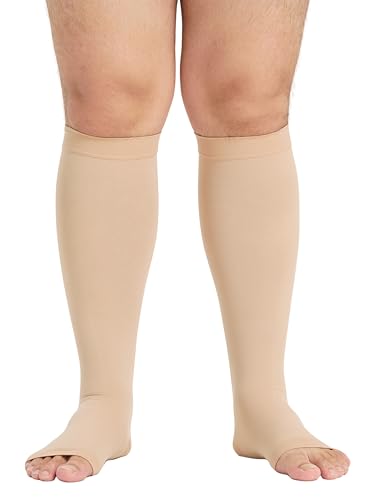 TOFLY Compression Socks For Women & Men Open Toe Knee High 20-30mmHg - color: 20-30mmhg Open-toe Beige, size: 6X-Large