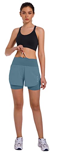 Ksmien Women's 2 in 1 Running Shorts with Liner Phone Pockets - color: Denim Blue, size: X-Small