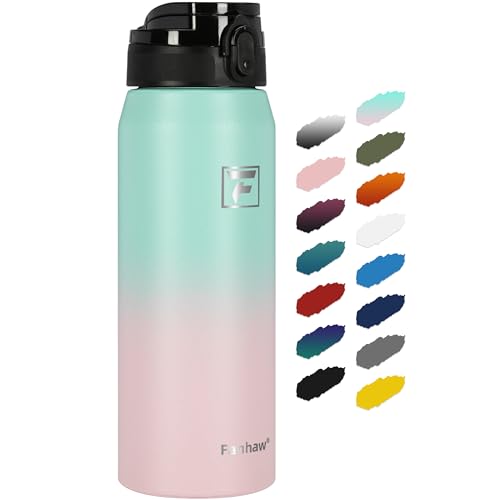 Fanhaw 24oz Stainless Steel Water Bottle with Chug Lid, Green Pink - color: Green Pink, style: 24 Ounces