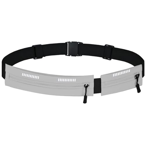 Running Belt Waist Pack, Orange, Dual Zippered Pockets, Adjustable Elastic Band with Reflective Strips (Grey) - color: Grey
