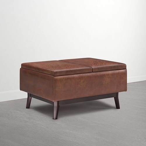 SIMPLIHOME Owen 34" Vegan Leather Storage Ottoman in Distressed Pecan Brown - color: Distressed Pecan Brown