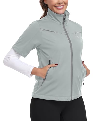Little Donkey Andy Women's Short Sleeve Golf Jacket Lightweight Water Resistant Quick Dry Running Vest with Zipper Pockets - color: Light Grey, size: X-Small