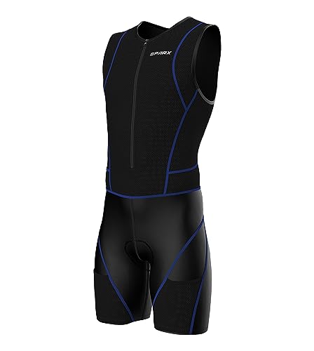 Sparx Men Competitor Triathlon Suit Mens Trisuits | Italian Technical Fabric | Soft Chamois | 4 Pockets | Bike-Swim-Run - color: Blue Seams, size: Small