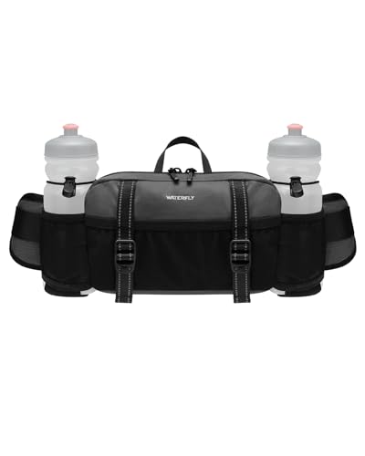 WATERFLY Large Hiking Fanny Pack: 3L Waist Bag with 2 Bottle Holders for Women Men - 9 Pockets & Adjustable Belt Lumbar Hip Packs for Travel Running Cycling Camping Workout (Bottles Not Included) - color: Gray-black