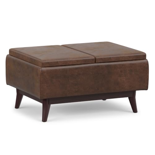 SIMPLIHOME Owen 34" Wide Vegan Leather Tray Top Ottoman in Chestnut Brown - color: Distressed Chestnut Brown