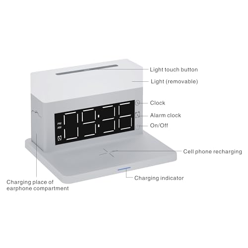 IHAO 6in1 Smart Alarm Clock with Wireless Charger RGB Mood Light 15W Fast Wireless Charging for All Qi Phone TWS Headphone Compliant with i-Watch 7 Color Night Light Large Digital Display-Black - color: Multifunctional Alarm Clock Black
