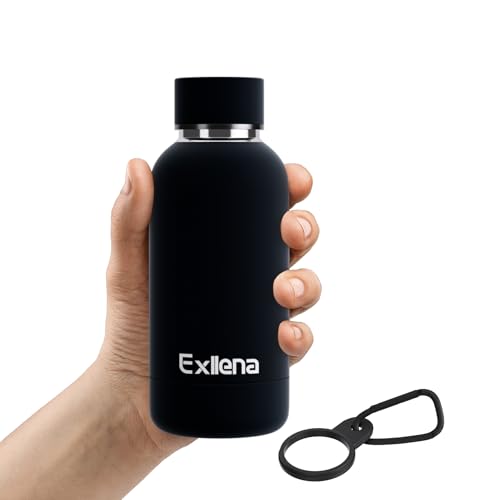 Exllena Small Water Bottle 12oz with Clip, Double Wall Stainless Steel Vacuum Small Insulated Water Bottle Keeps Drinks Cold 24 Hrs/Hot 12 Hrs for Kids Handbag School BPA Free (Black) - color: Black, size: 350 ml