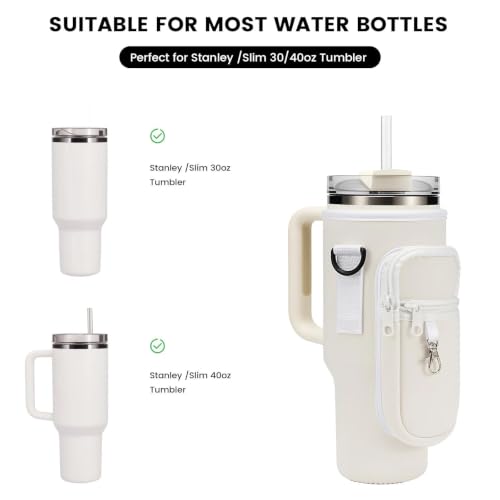 Water Bottle Carrier Bag Holder with Phone Pocket Adjustable Strap for Stanley 30 40oz, Insulated Neoprene Cover Sleeve Sling Crossbody Bag for Walking Camping Hiking Travelling - color: White-1