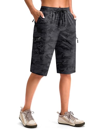 Viodia 13'' Women's Hiking Cargo Shorts Knee Length with Zipper Pockets - color: Black Camo, size: X-Large