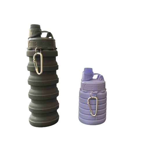 Collapsible Water Bottles Travel water bottle Sports Portable Sport Water Bottle Reusable Water Bottles comes with mountaineering Buckle 500ml silicone Water-proof camping water bottle - color: Purple+Grey, style: 2 pack