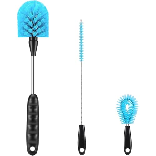 12.2 inch Bottle Brush Set of Three，Washable Coffee Cups, Water Bottles, Baby Bottles, Straws, to-go Cups, Long-Handled 3-in-1 Stainless Steel Bottle Brushes. (Blue)