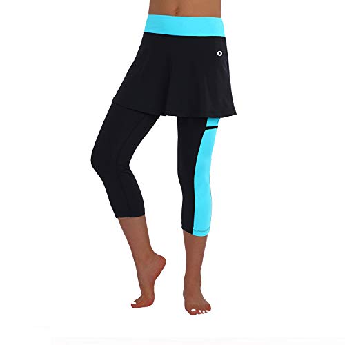ANIVIVO Women Skirted Leggings Tennis Yoga Legging with Skirt - color: Black Sky Blue, size: Medium