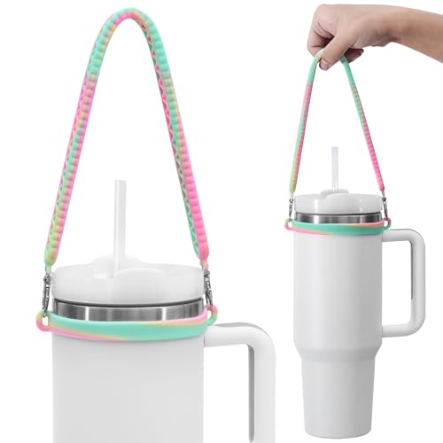 Water Bottle Handle, Silicone Water Bottle Sling, Carrier, Holder with Strap, Fits Most 8-40oz Bottles Stanley Cup Accessories - color: Pink-Yellow-Green