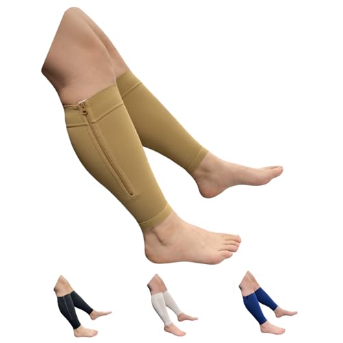 HealthyNees Seniors Care Footless 20-30 mmHg Compression Shin Calf Leg Men Women 1 Pair Zipper Sleeves (Nude, Small-Medium) - color: Nude, size: Small-Medium