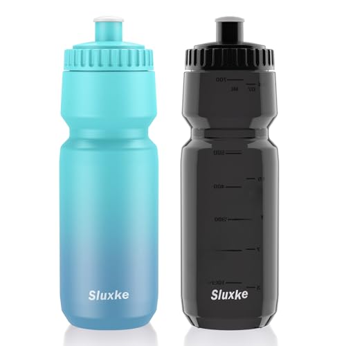 SLUXKE 24oz Cycling Water Bottle 2Pack, 720ml Sports Squeeze Bicycle Bottle BPA Free, Lightweight Fits Most Bike Cages - color: Blue Blue & Black, size: 24 Ounces