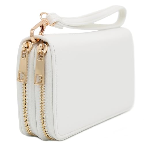 FashionPuzzle Double Zip Around PU Leather Wristlet Cell Phone Wallet - color: White
