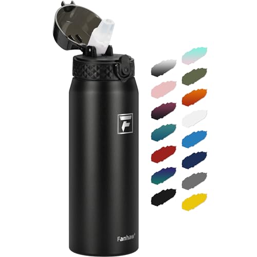 Fanhaw 24oz Kids Stainless Steel Water Bottle with Straw Lid, Black - color: Black, style: 24 Ounces
