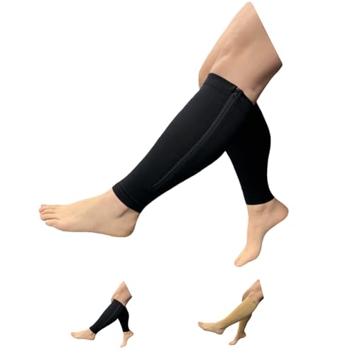 HealthyNees Seniors Care Footless 15-20 mmHg Compression Shin Calf Leg Men Women 1 Pair Zipper Sleeves (Black, 3X-Large) - color: Black, size: 3X-Large
