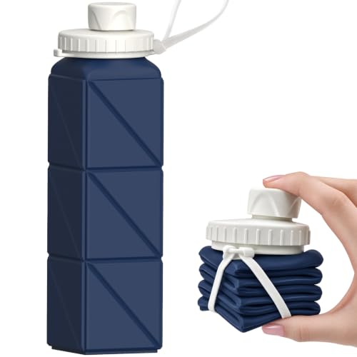 BEAUTAIL Collapsible Water Bottles 21oz/610mL, Silicone Travel Water Bottle - color: Dark Blue