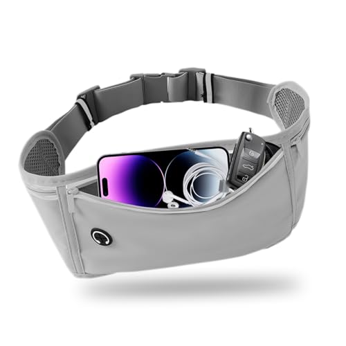 Slim Running Belt for Women Men, Runners Fanny Pack Phone Holder, Money Belt, Running Gear Accessories, with 3 Pockets, Light Gray - color: Light gray