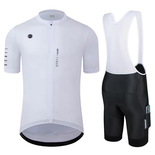 Men's Cycling Jersey Set Cycling Kit Bicycle Jersey Rear Zipper Pocket Bike Bib Shorts with Pockets Race Fit High Density Pad - color: White Set 1, size: Medium