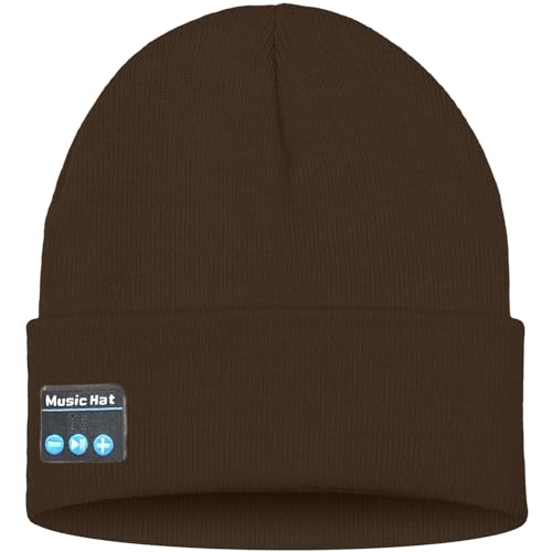 ATNKE LED Lighted Bluetooth Beanie Hat,USB Rechargeable 4 LED Wireless Music Running Headlamp Cap Gift for Men and Women - color: #Coffee