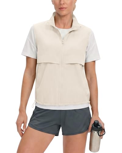 Locachy Women's Lightweight Running Vest Stand Collar Zip Up Summer Waistcoat Sleeveless Jacket for Golf Hiking Travel - color: Beige, size: Medium
