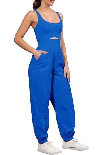 ReachMe Womens Running Onesie Athletic Romper Pants Hiking Outfits One Piece Workout Jumpsuits with Pockets - color: Royal, size: X-Small