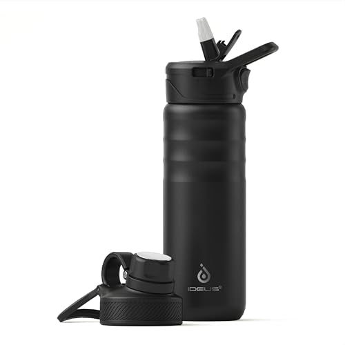 IDEUS 24oz Stainless Steel Insulated Bottle with 2 Leak-Proof Lids, Black - color: Black, size: 24 Ounces