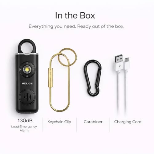 Police Personal Safety Alarm Keychain, Rechargeable Loud Emergency Alarm w/ Strobe Light, Portable Self Defense Alarm for Women, Kids, Seniors, Travel, Black