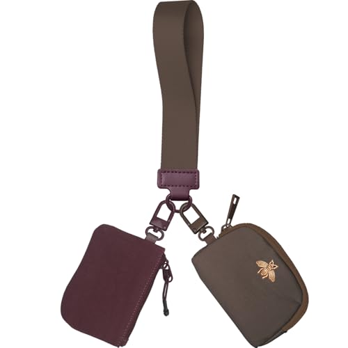 COOLANS Mini Wristlet Wallets Dual Pouch,Around Wristlet Handbag Wallet for Women Zip Cards Holder,Wristlet Bracelet Purse - color: Wine Red&brown