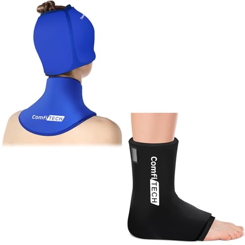 Comfitech Ankle Ice Pack Wrap for Swelling, Injuries Reusable Gel Heel Ice Pack for Foot Ankle Sprain Relief & Migraine Headache Relief Cap & Neck Ice Pack Wrap Gel, Ice Cap for Headaches Cervical