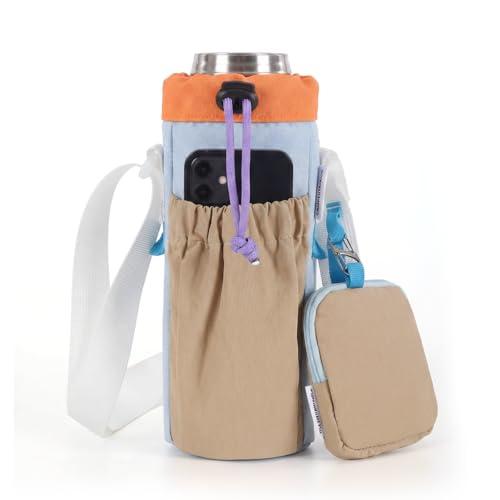 Water Bottle Holder with Strap Fits 16-24oz Bottle, Water Bottle Carrier with Earphone Bag, Hands-Free Crossbody Bottle Bag for Dog Walking, Travel, Hiking & Everyday Use - color: Blue