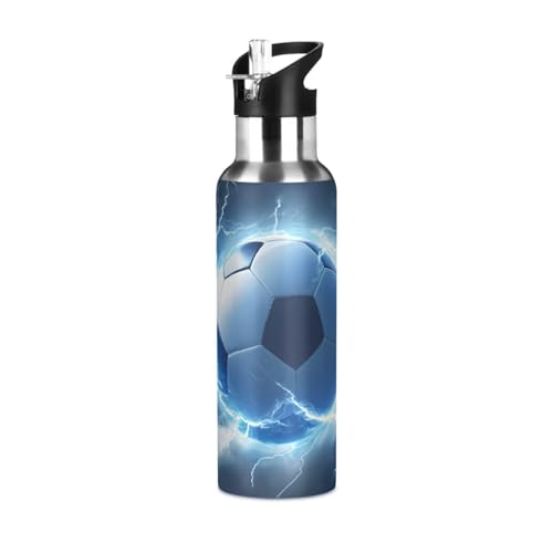 OTVEE Soccer Blue Lightning Water Bottle Sports Water Bottle Insulated Stainless Steel Hot Cold Water Mug with Straw Lid & Handle for Sports Gym 20 oz - color: Soccer Blue Lightning