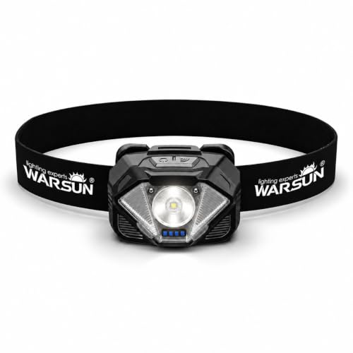 WARSUN Rechargeable Headlamp, Adjustable LED Head Light with Motion Sensor