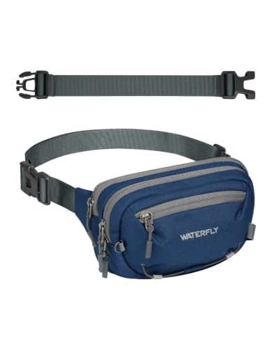 WATERFLY Small RFID Fanny Pack: 1.5L Waist Bag 12" Extender Belt for Hiking - color: Dark Blue