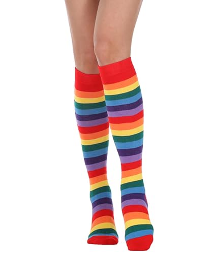 Women's Knee High Athletic Socks Casual Stripes Tube Socks Outdoor Sport Socks - color: Red Purple Rainbowue- 1 Pack