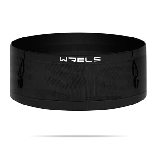 WRELS Slim Running Belt with Bib Number Clip,Elastic Phone Holder Fanny Pack for Women Men,Large Capacity Fitness Waist Pack Holds Water Bottle, Keys, Cards - color: Black-M