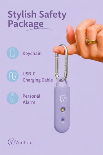Vantamo Personal Alarm for Self Defense with Low Battery Notice, Strobe Light & Extra Loud 130 dB Double Speakers Safety Keychain Set for Women, Rechargeable Panic Button for Womens Self Defense - color: Pastel Violet