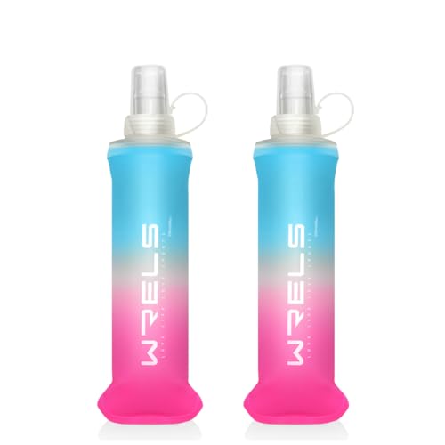 WRELS TPU Soft Flask Lightweight Portable Reusable Water Bottle,BPA Free Collapsible Flask for Hydration Pack in Running Hiking Cycling and Marathon - color: Blue-pink-250ML*2
