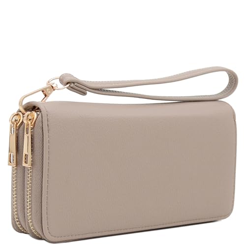 FashionPuzzle Double Zip Around PU Leather Wristlet Cell Phone Wallet - color: Travertine