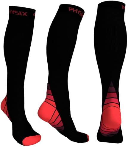 Physix Gear Compression Socks 20-30 mmHg - Men & Women - Running, Nurses, Shin Splints, Flight, Travel - color: Black/Red, size: Large-X-Large