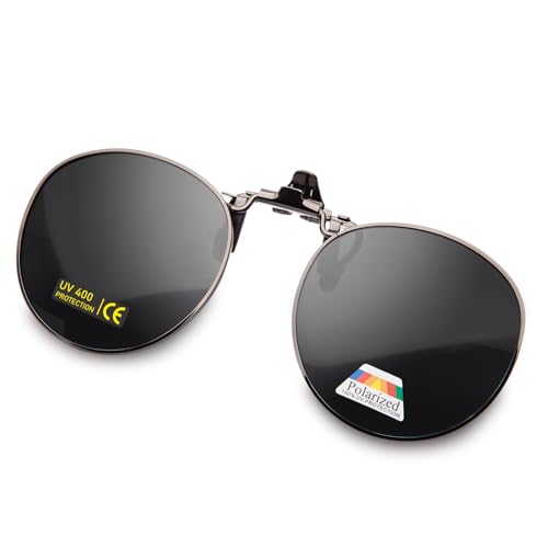JO Polarized Clip-On Sunglasses UV400 Anti-Glare Lenses with Metal Frame Round - color: Black, size: 52 mm